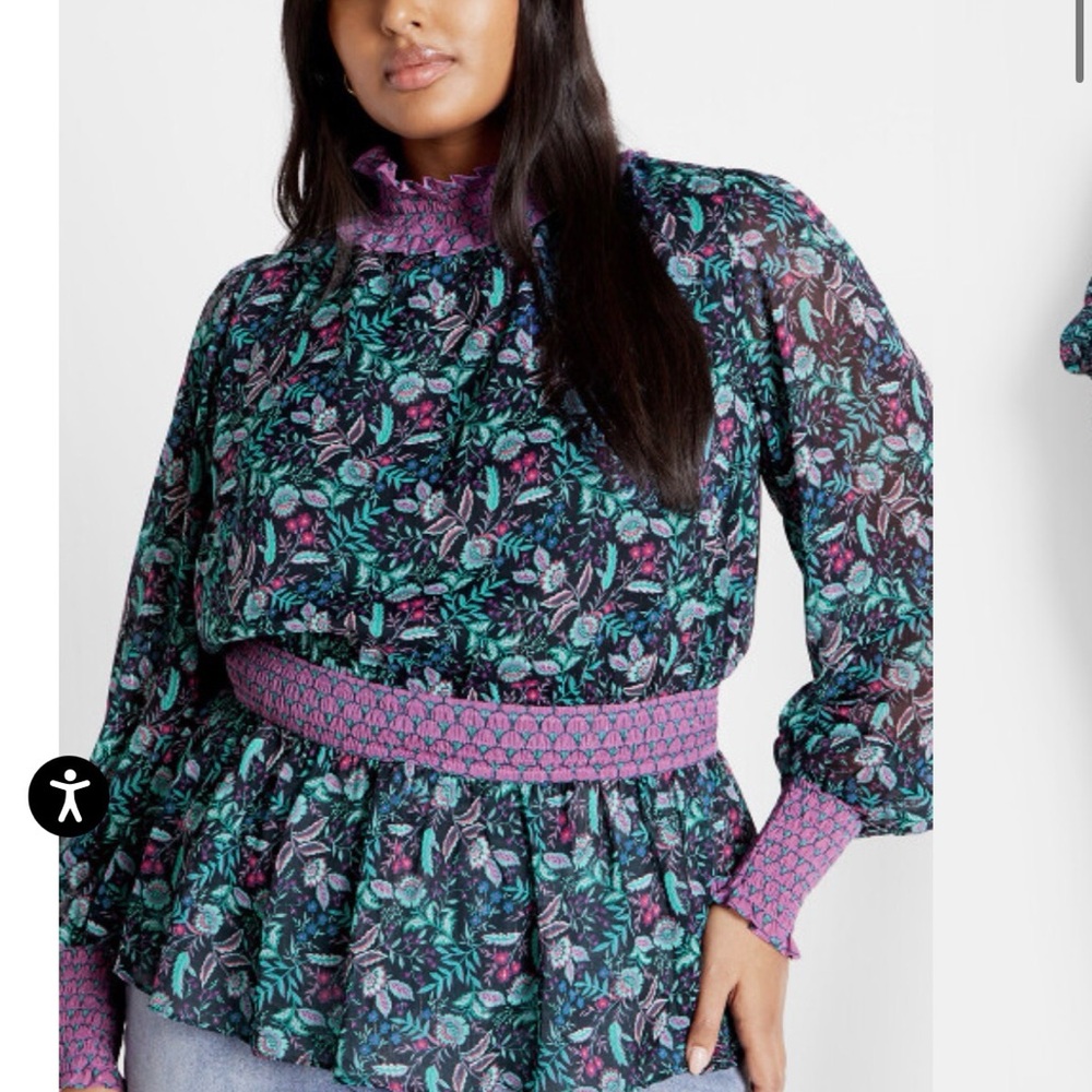 City Chic Black Floral Peplum Blouse with Teal and Purple Accents